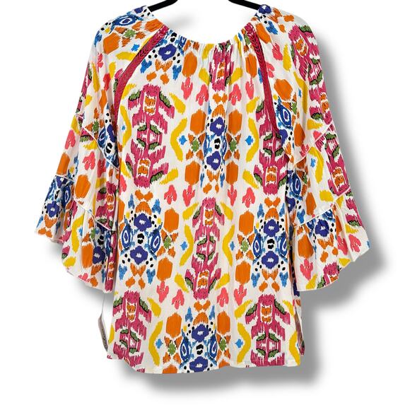 New Calessa Abstract Ikat Print 3/4 Tiered Sleeve Tunic Shirt Plus Sz 1X - Picture 6 of 8